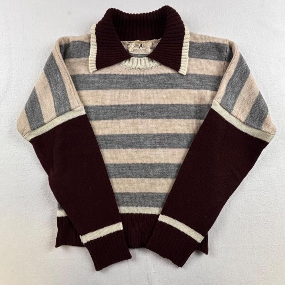 Vintage 70s 80s Boys Striped Collared Sweater M/L Burgundy Gray Preppy